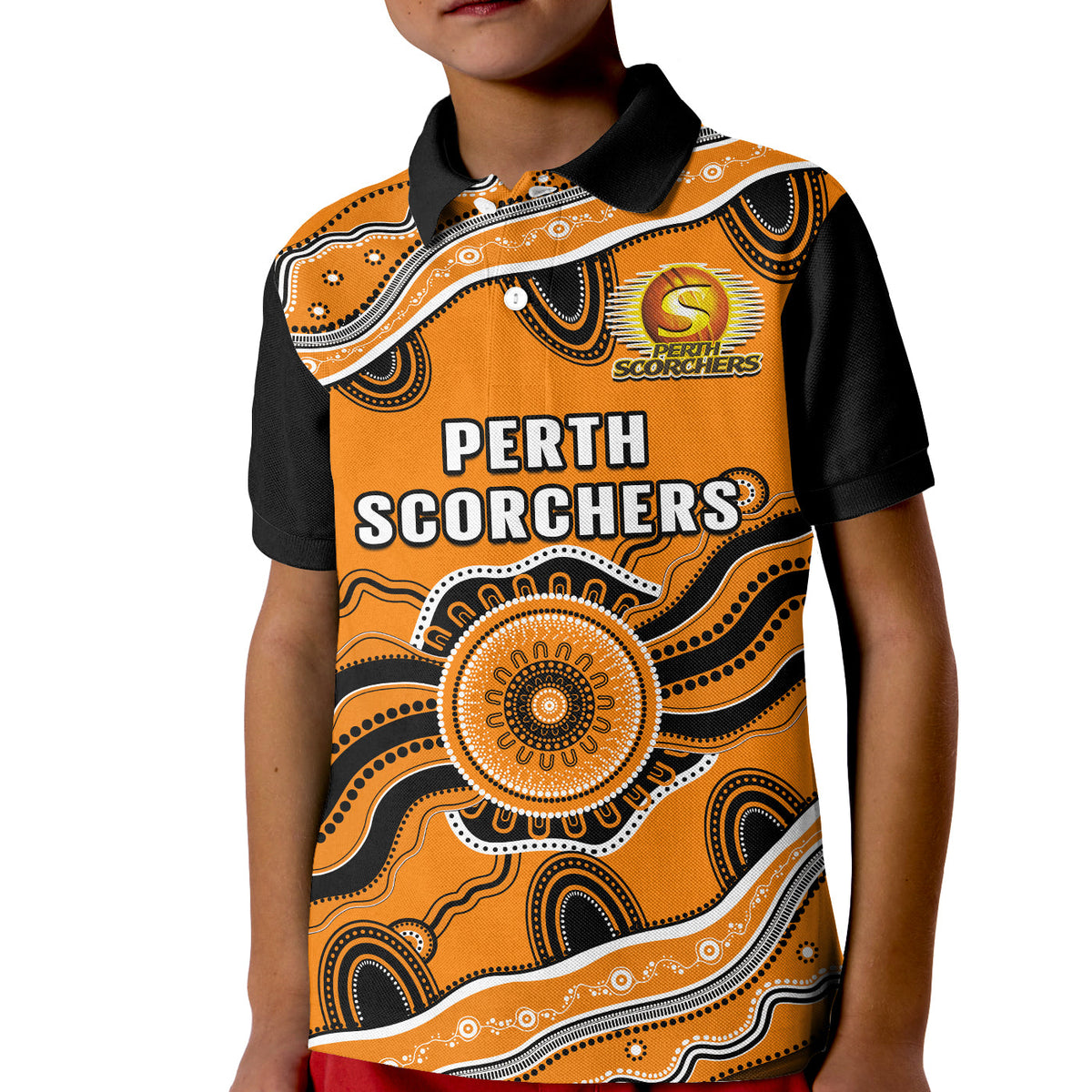 custom-text-and-number-perth-scorchers-cricket-polo-shirt-kid-aboriginal-painting