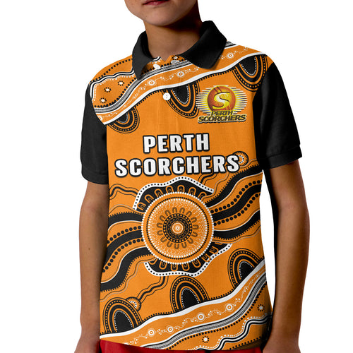 custom-text-and-number-perth-scorchers-cricket-polo-shirt-kid-aboriginal-painting