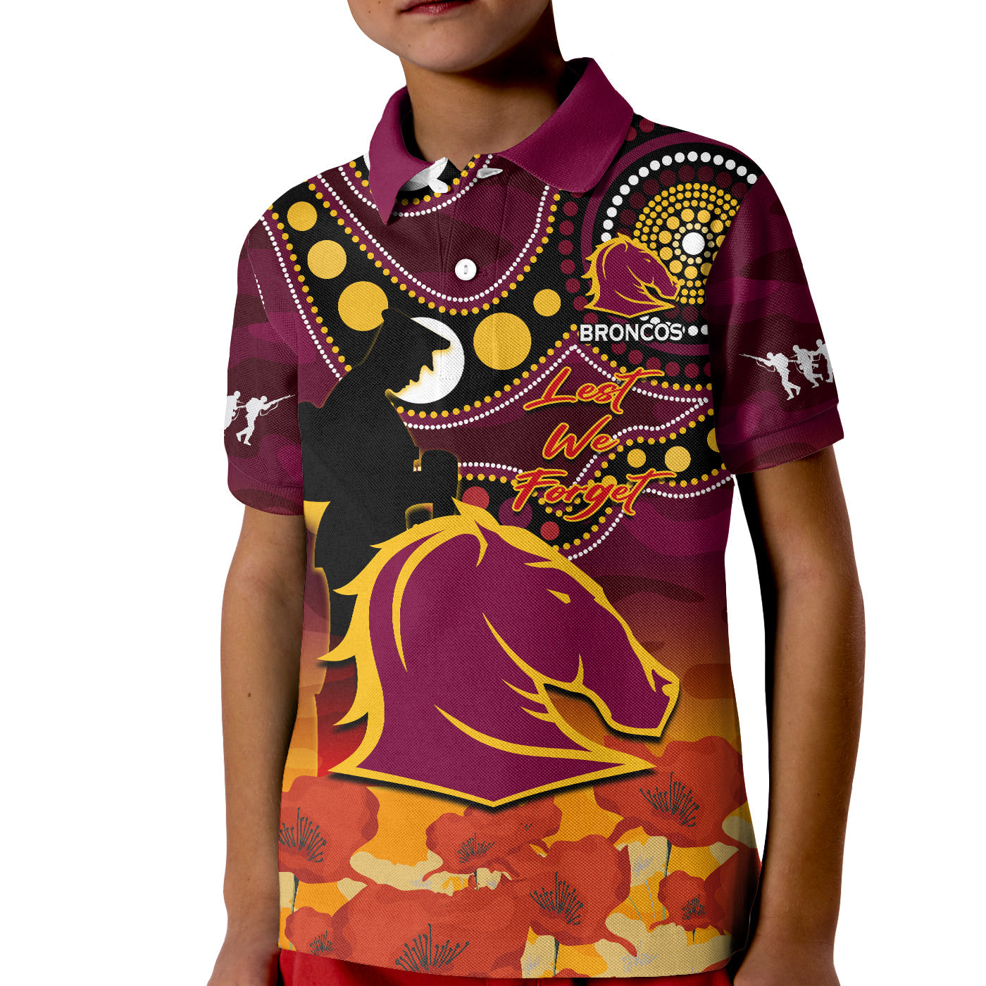 brisbane-broncos-rugby-anzac-2023-polo-shirt-kid-aboriginal-mix-poppy-lest-we-forget
