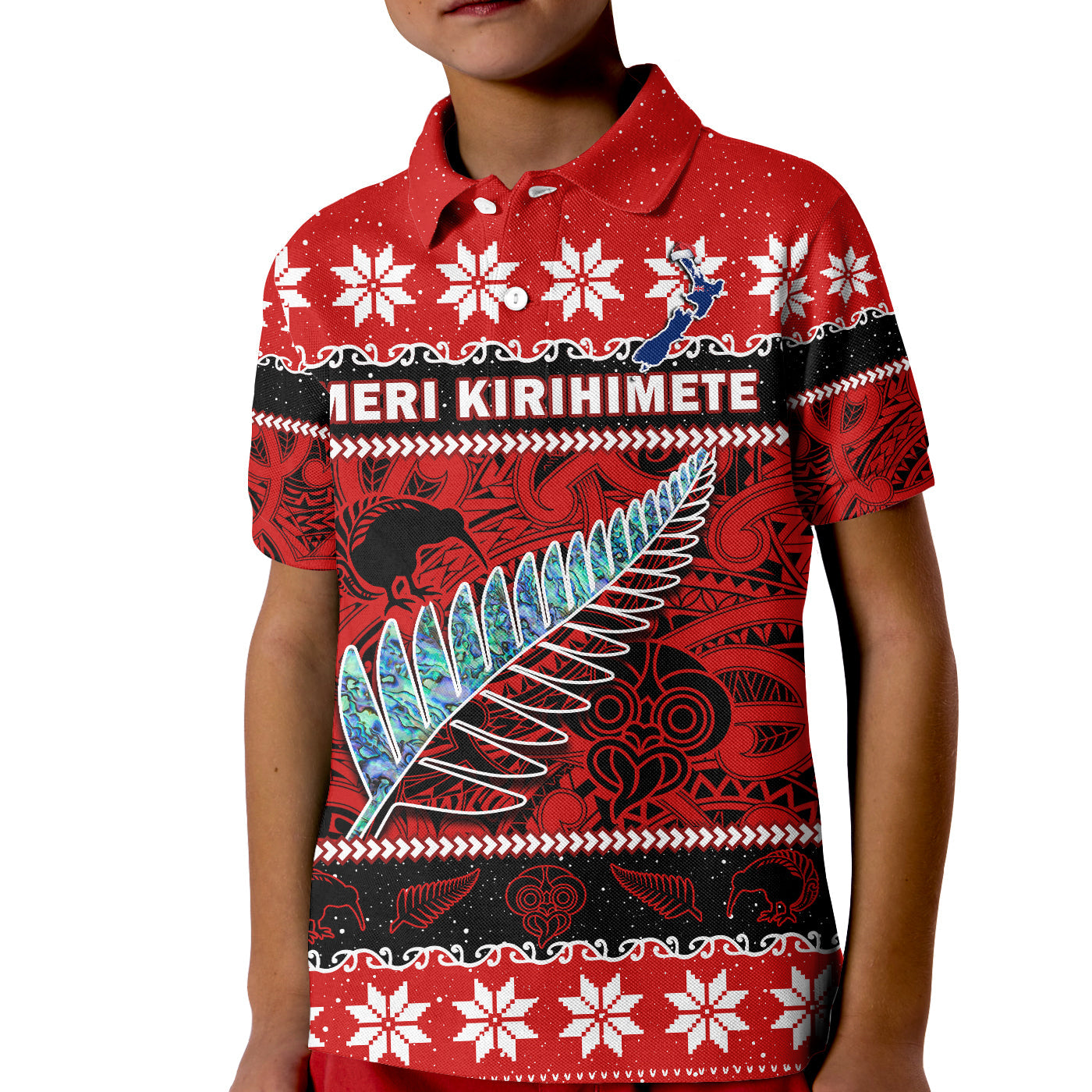 custom-personalised-new-zealand-christmas-polo-shirt-kid-paua-shell-silver-fern-meri-kirihimete