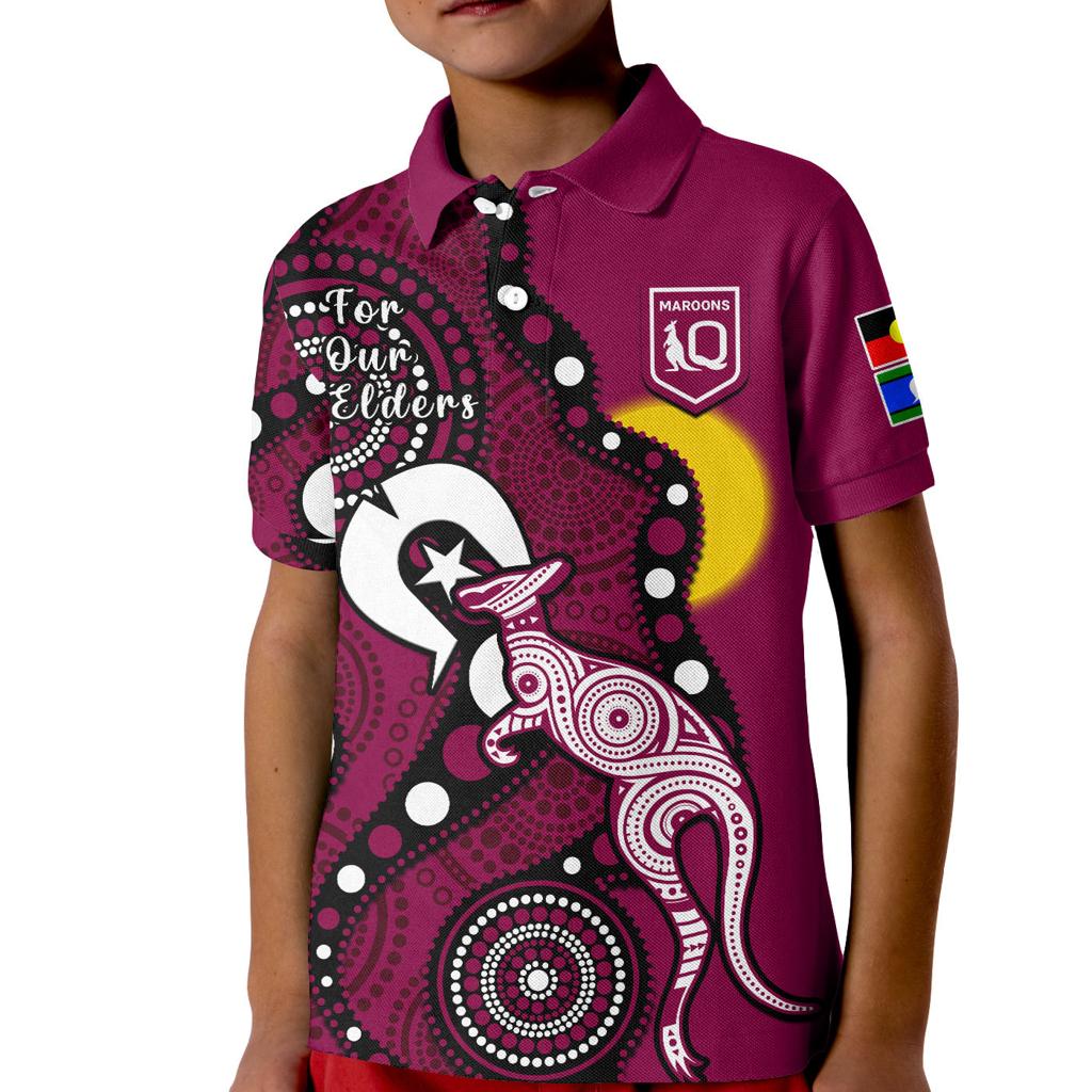 custom-text-and-number-maroons-rugby-naidoc-2023-polo-shirt-kid-qld-for-our-elders-indigenous-art