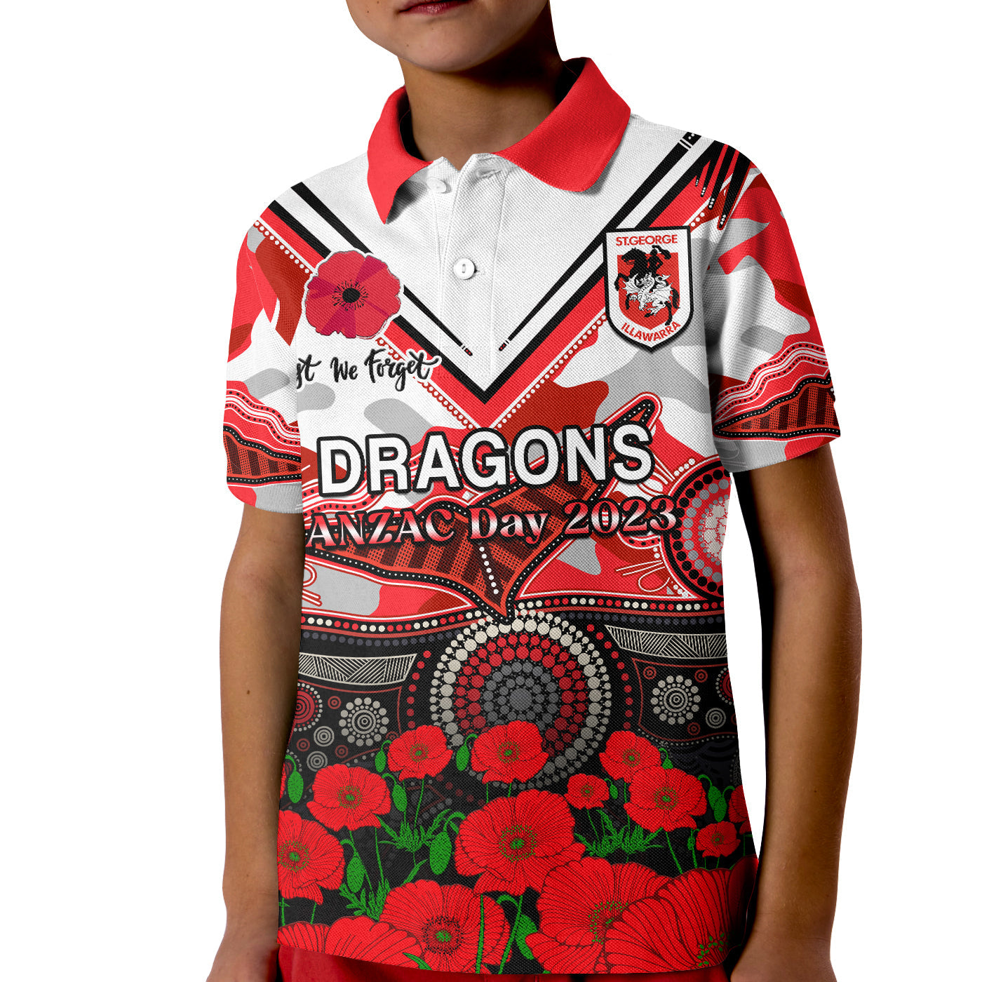 custom-text-and-number-dragons-rugby-anzac-2023-polo-shirt-aboriginal-mix-poppy-lest-we-forget