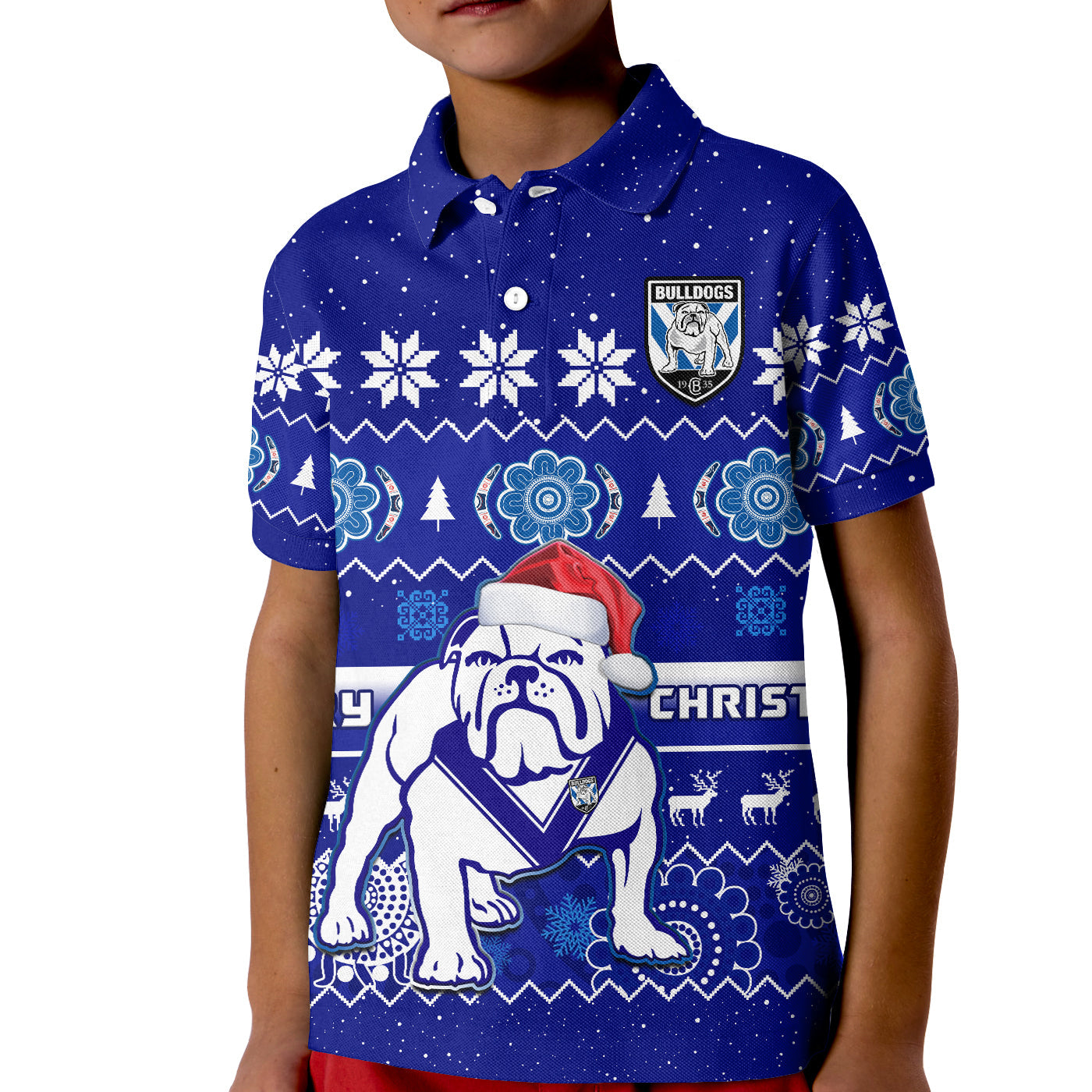 bulldogs-rugby-christmas-polo-shirt-berries-merry-xmas-aboriginal-art