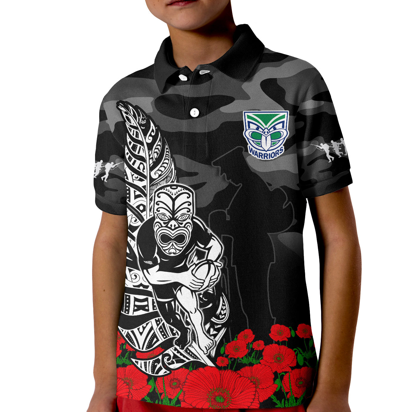 custom-text-and-number-warriors-anzac-2023-polo-shirt-kid-nz-fern-camouflage-poppy-mix-aboriginal