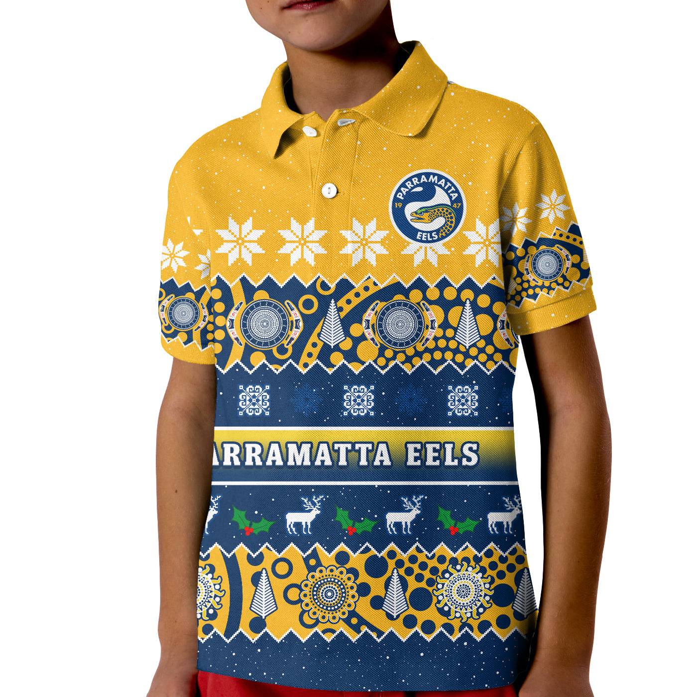 parramatta-eels-christmas-polo-shirt-kid-parra-aboriginal-art-merry-xmas