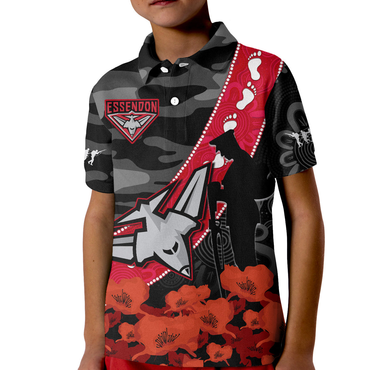 essendon-football-anzac-2023-polo-shirt-kid-bombers-aboriginal-mix-poppy-camouflage