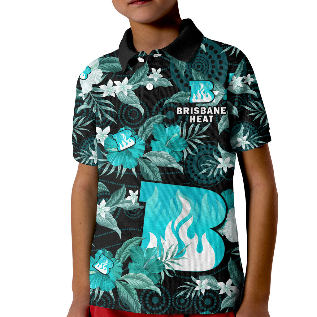 custom-text-and-number-brisbane-heat-cricket-polo-shirt-kid-aboriginal-art-mix-tropical-flowers