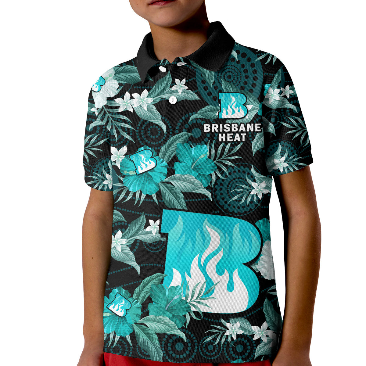 custom-text-and-number-brisbane-heat-cricket-polo-shirt-kid-aboriginal-art-mix-tropical-flowers
