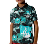custom-text-and-number-brisbane-heat-cricket-polo-shirt-kid-aboriginal-art-mix-tropical-flowers