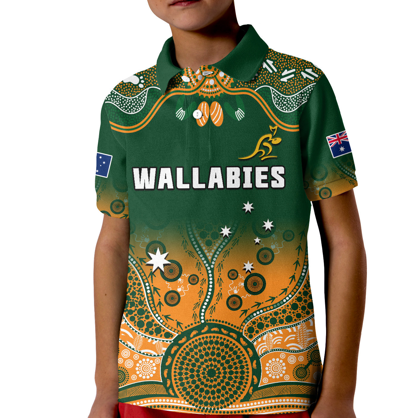 custom-text-and-number-australia-rugby-polo-shirt-kid-wallabies-kangaroo-green-aboriginal