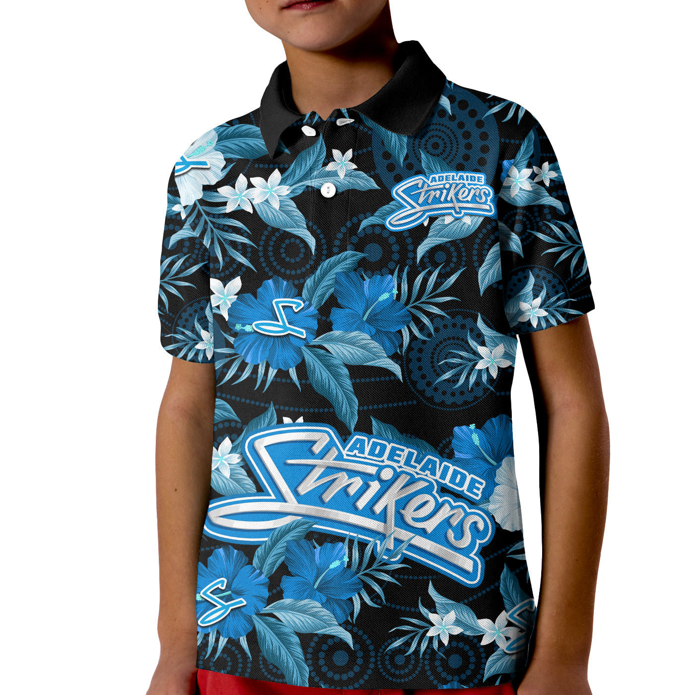 custom-text-and-number-adelaide-strikers-cricket-polo-shirt-kid-aboriginal-art-mix-tropical-flowers