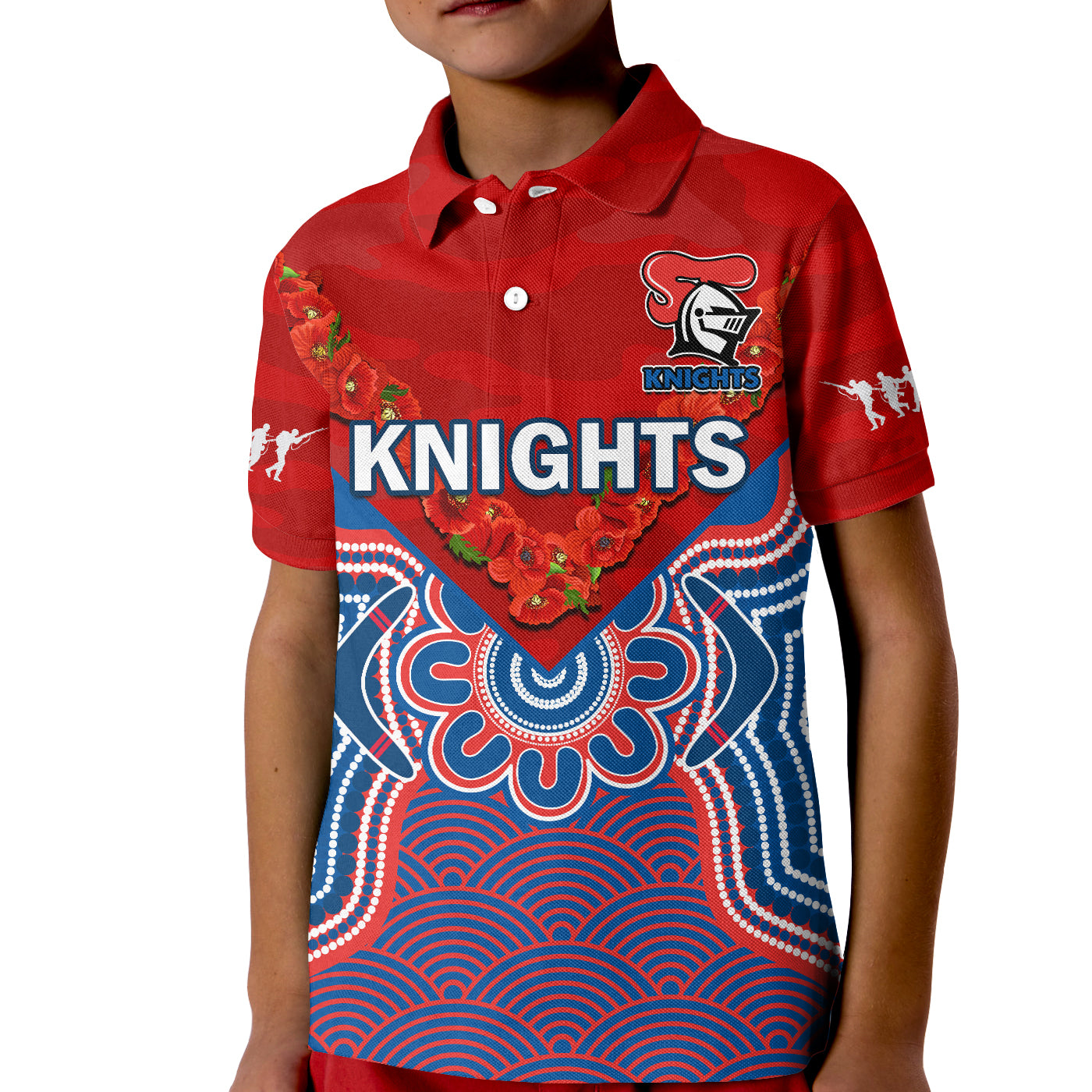 custom-text-and-number-knights-anzac-2023-polo-shirt-kid-camouflage-poppy-mix-aboriginal
