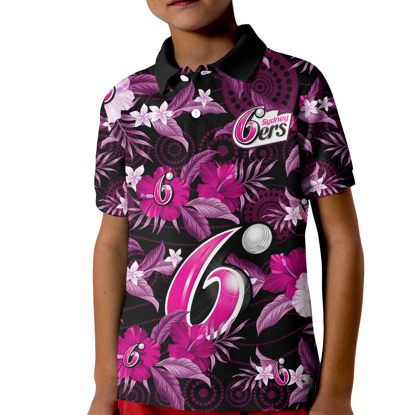 custom-text-and-number-sydney-sixers-cricket-polo-shirt-kid-aboriginal-art-mix-tropical-flowers