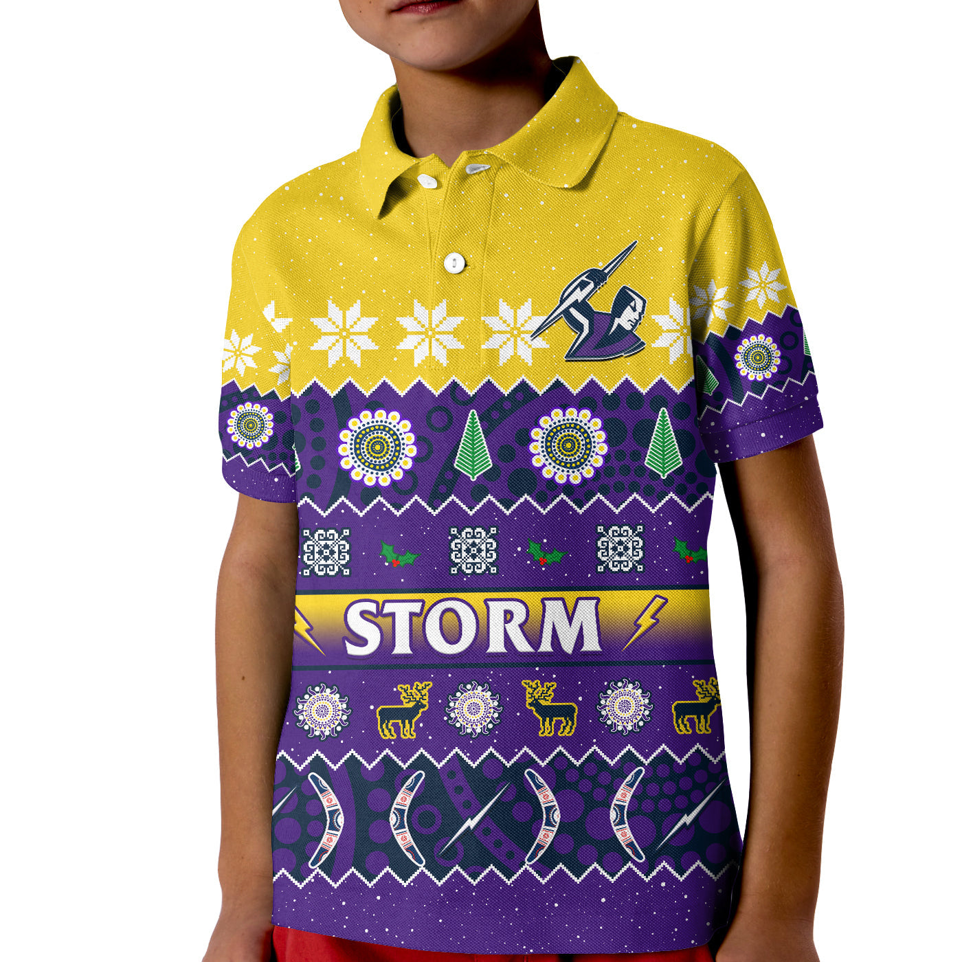 custom-personalised-melbourne-storm-christmas-polo-shirt-aboriginal-art-merry-xmas