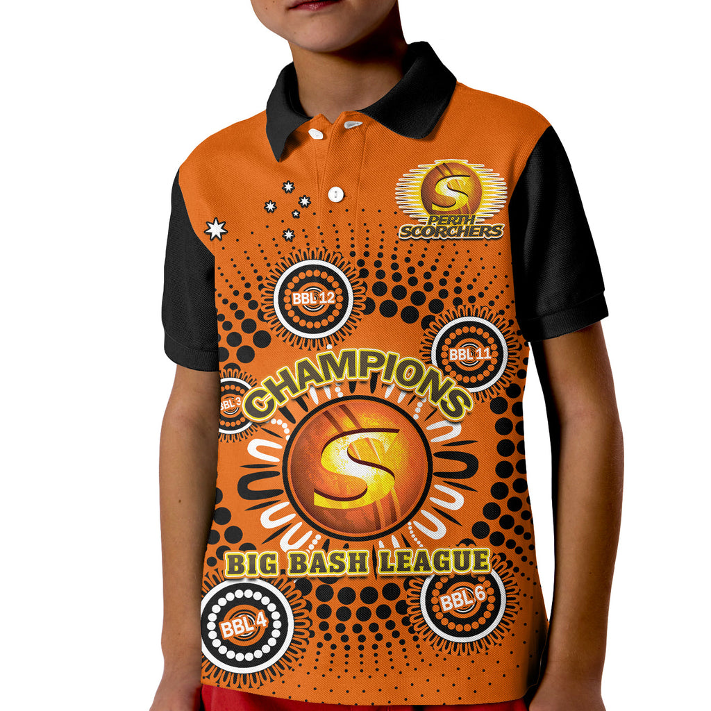 custom-text-and-number-perth-scorchers-cricket-polo-shirt-kid-indigenous-5th-champions-bbl-proud