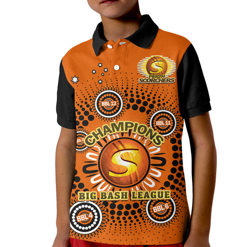 custom-text-and-number-perth-scorchers-cricket-polo-shirt-kid-indigenous-5th-champions-bbl-proud