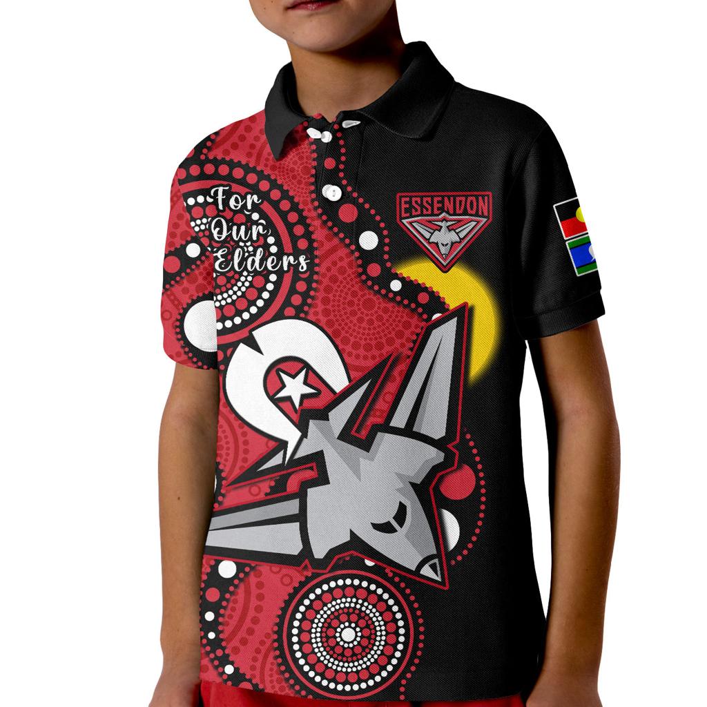custom-text-and-number-essendon-football-naidoc-2023-polo-shirt-kid-bombers-for-our-elders-indigenous-art