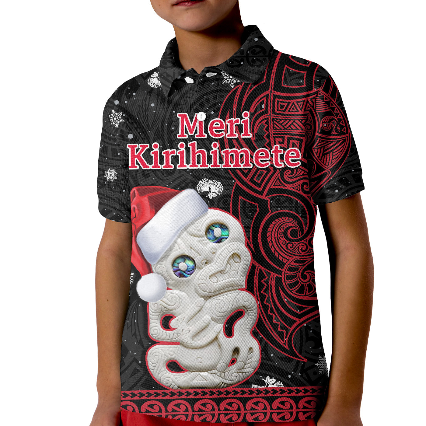 new-zealand-christmas-polo-shirt-kid-hei-tiki-red-pohutukawa-meri-kirihimete