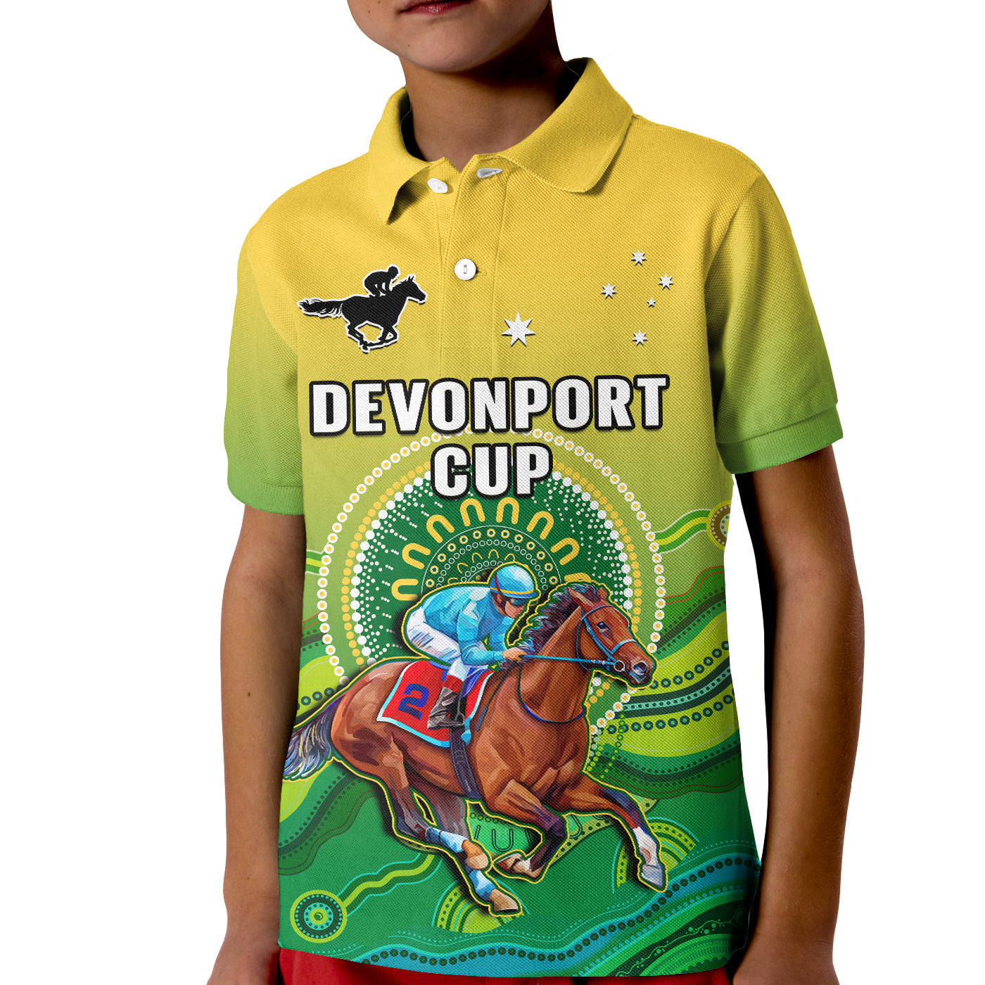 custom-personalised-australia-devonport-cup-2023-polo-shirt-kid-horse-racing-indigenous-art