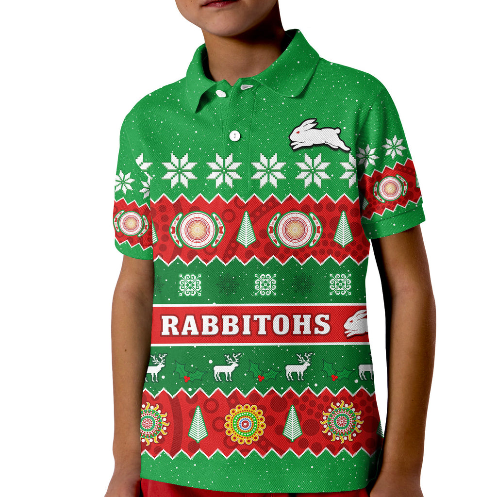 custom-personalised-rabbitohs-christmas-polo-shirt-kid-souths-aboriginal-art-merry-xmas