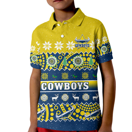 custom-personalised-cowboys-christmas-polo-shirt-kid-aboriginal-art-merry-xmas