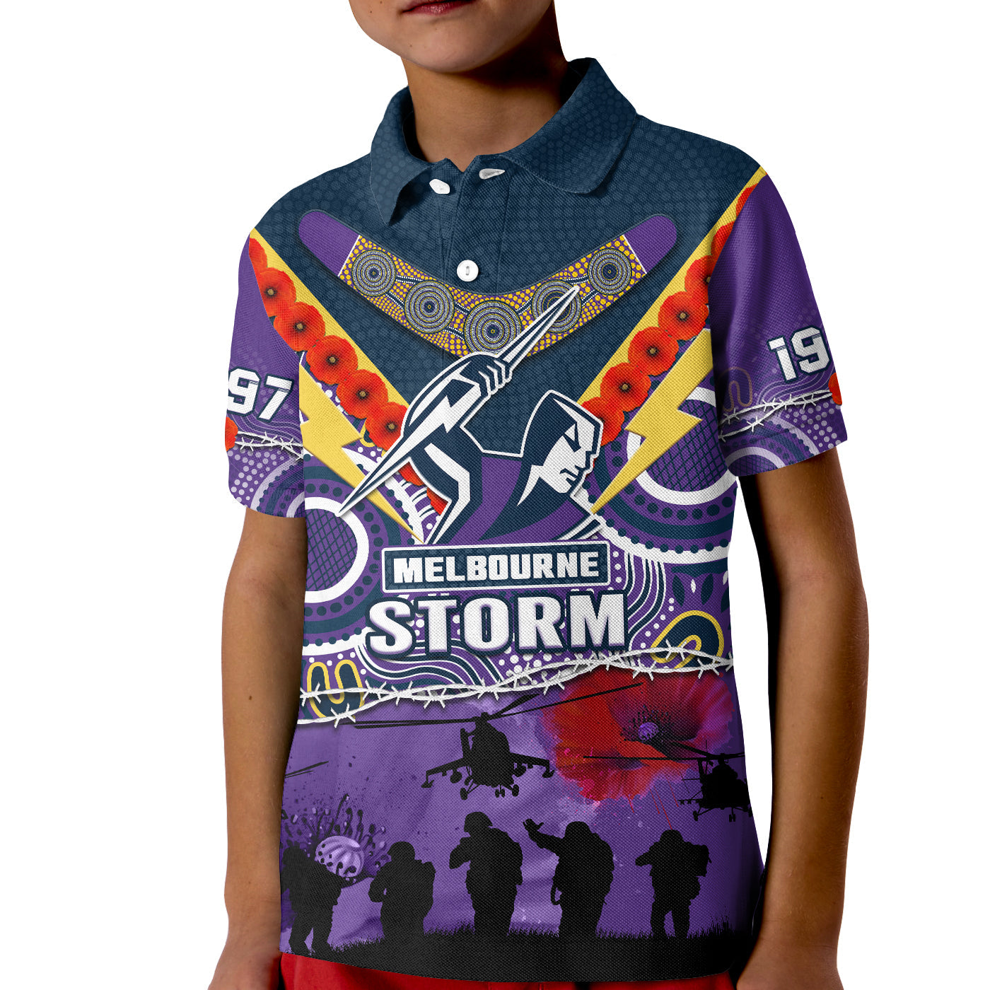 custom-text-and-number-melbourne-storm-rugby-anzac-polo-shirt-kid-indigenous-poppy-australian-army