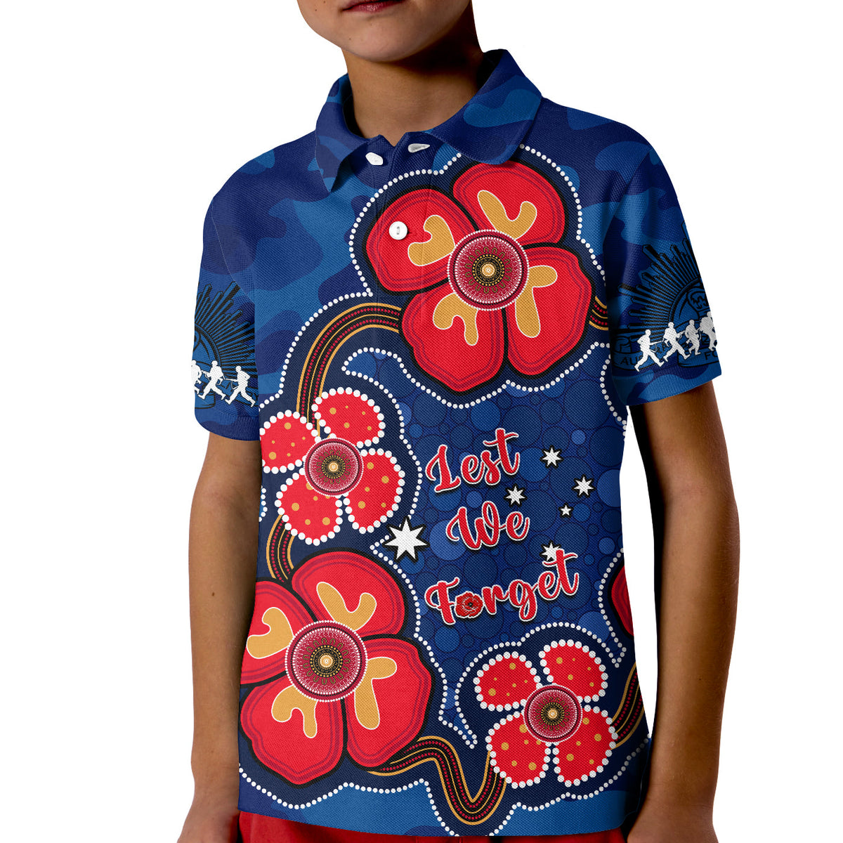 custom-personalised-australia-anzac-polo-shirt-kid-lest-we-forget-camouflage-mix-aboriginal-poppies-and-slouch-hat