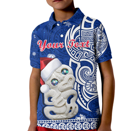 custom-personalised-new-zealand-christmas-polo-shirt-hei-tiki-blue-pohutukawa-meri-kirihimete