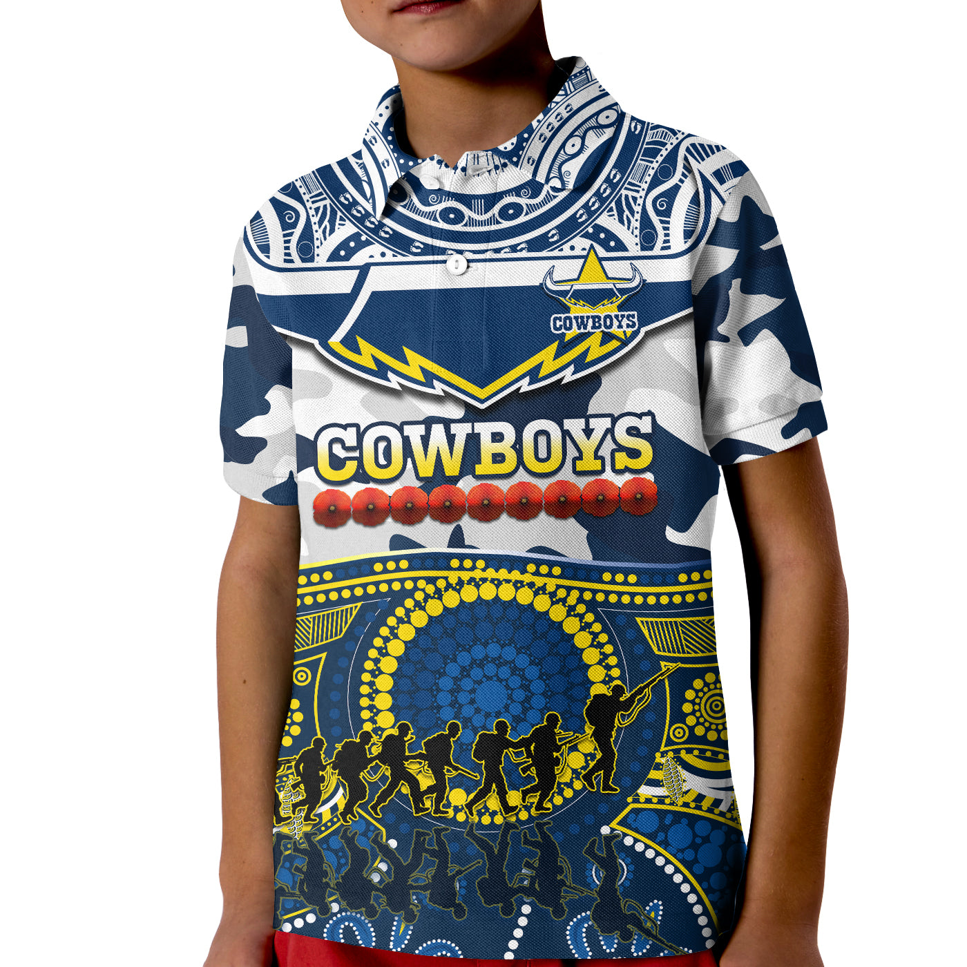 custom-text-and-number-cowboys-rugby-anzac-polo-shirt-kid-indigenous-poppy-mix-camouflage