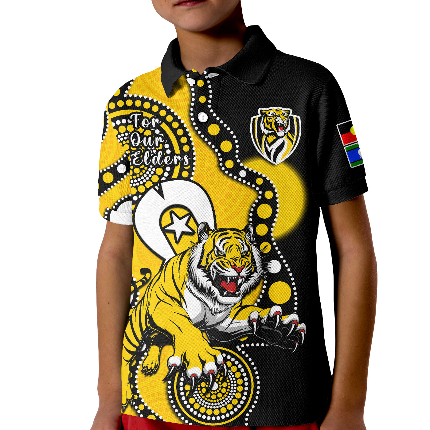 custom-text-and-number-richmond-football-naidoc-2023-polo-shirt-tigers-for-our-elders-indigenous-art