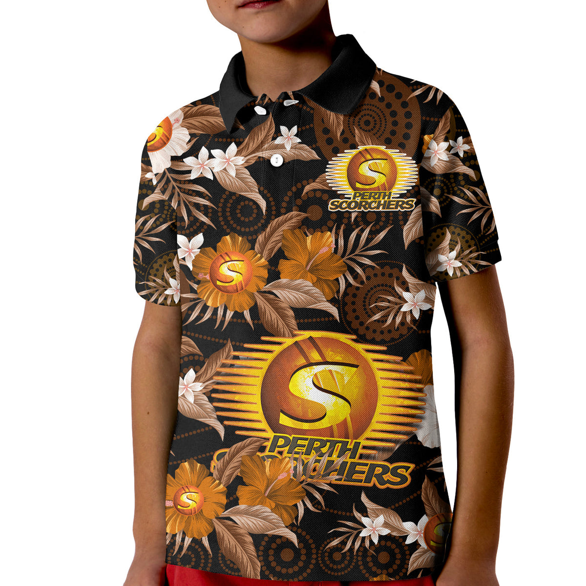 perth-scorchers-cricket-polo-shirt-kid-aboriginal-art-mix-tropical-flowers