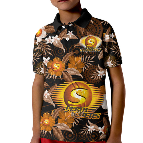 perth-scorchers-cricket-polo-shirt-kid-aboriginal-art-mix-tropical-flowers