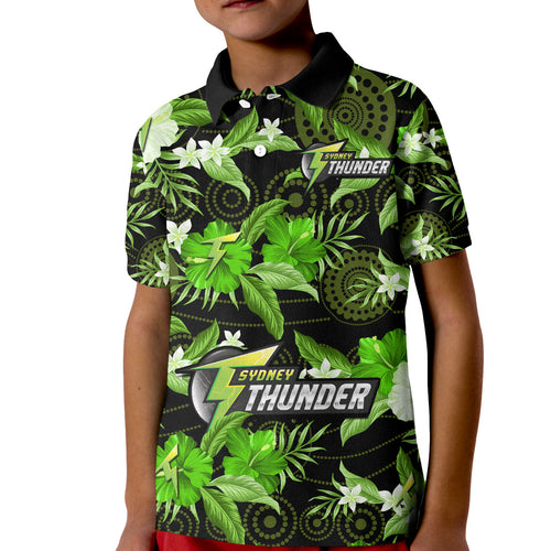 custom-text-and-number-sydney-thunder-cricket-polo-shirt-kid-aboriginal-art-mix-tropical-flowers
