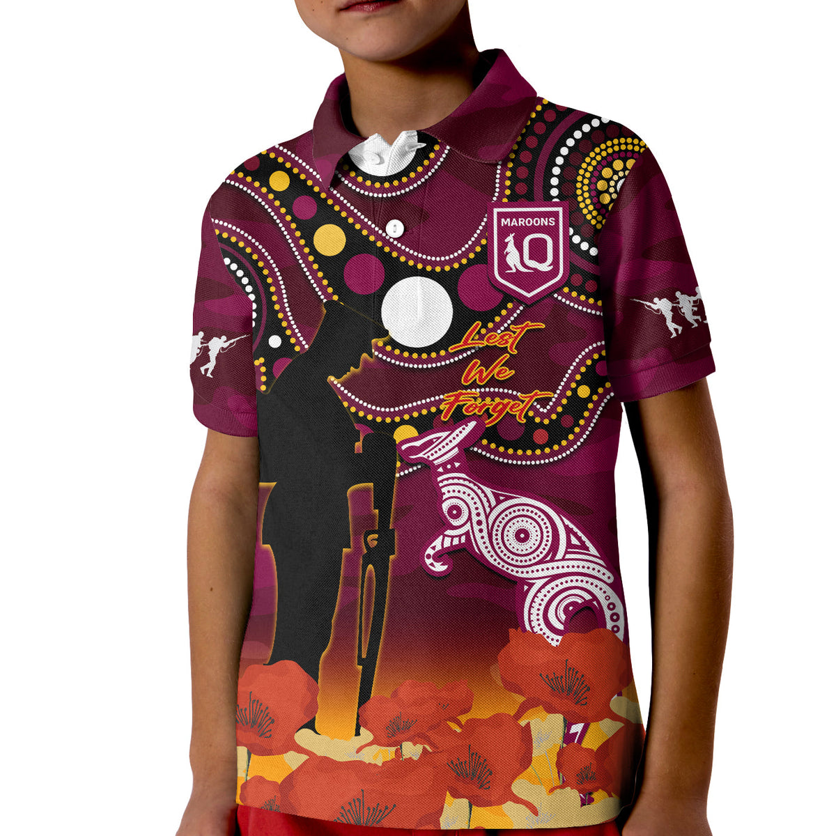 custom-text-and-number-maroons-rugby-anzac-2023-polo-shirt-kid-qld-aboriginal-mix-poppy-camouflage