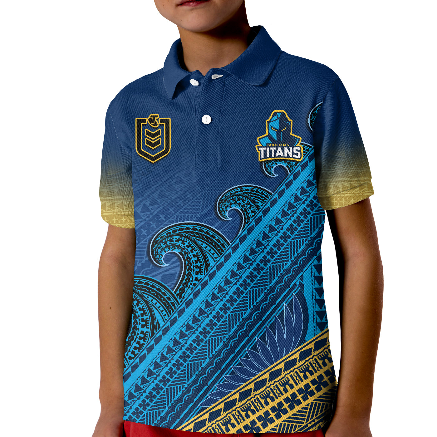 custom-text-and-number-gold-coast-titans-rugby-polo-shirt-kid-pasifika-gradient-polynesian-pattern