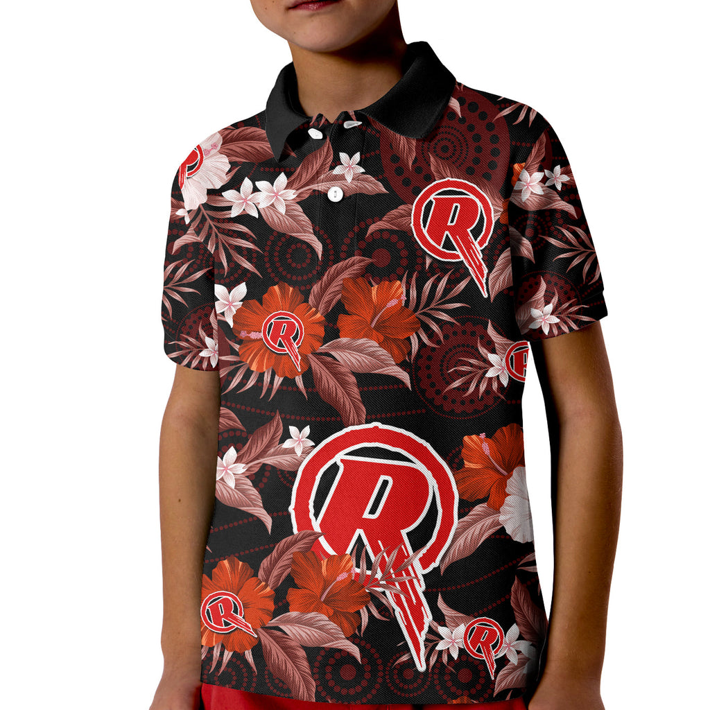 custom-text-and-number-melbourne-renegades-cricket-polo-shirt-aboriginal-art-mix-tropical-flowers