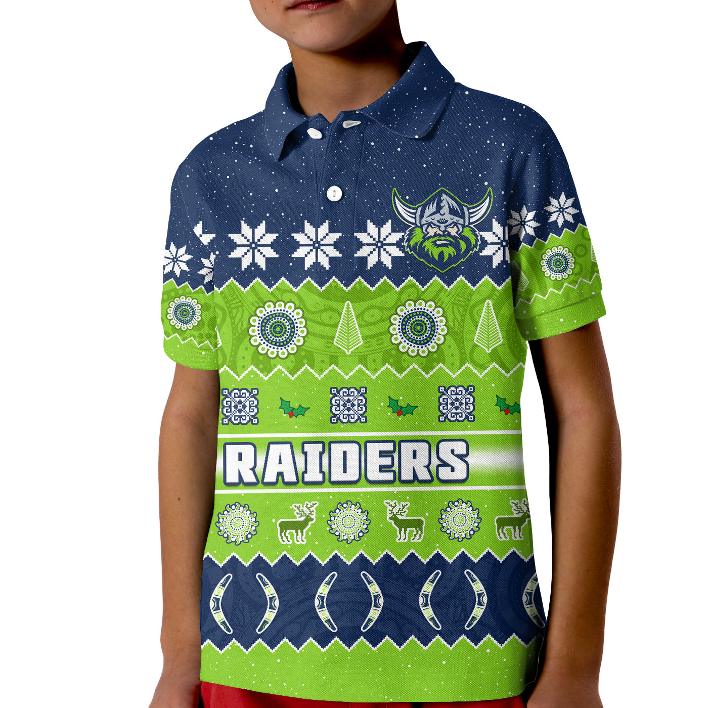 custom-personalised-raiders-christmas-polo-shirt-the-green-machine-aboriginal-art-merry-xmas