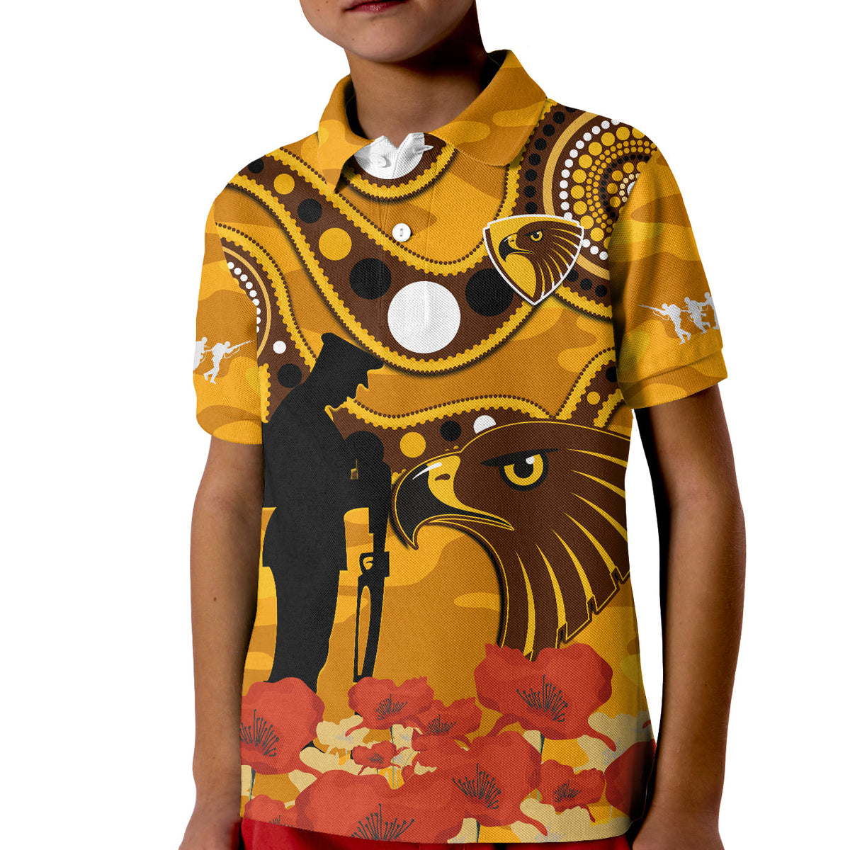hawks-football-anzac-2023-polo-shirt-kid-indigenous-mix-poppy-camouflage