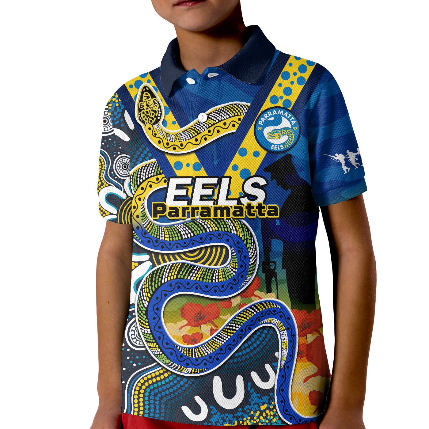 custom-text-and-number-eels-rugby-anzac-2023-polo-shirt-kid-aboriginal-mix-poppy-lest-we-forget