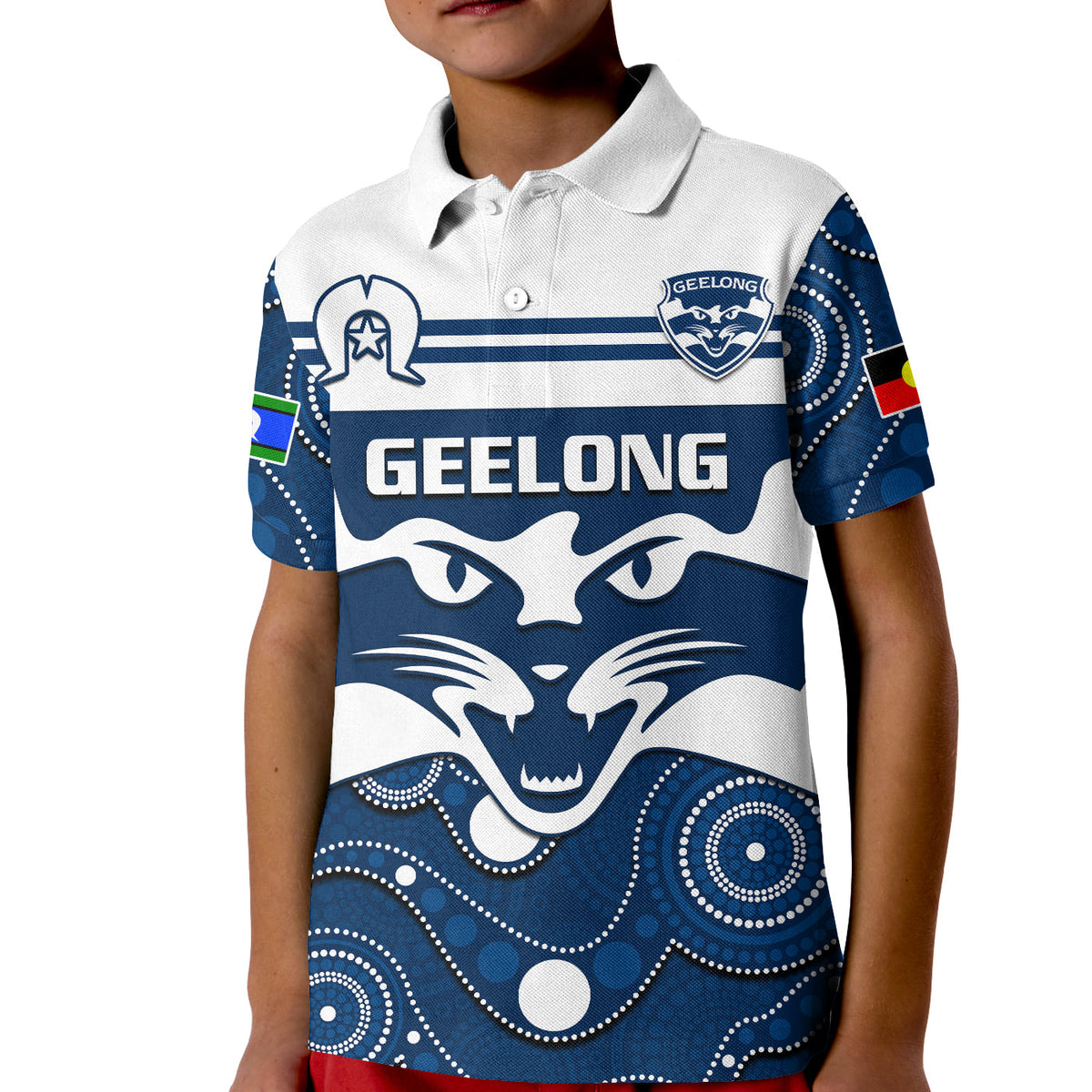 geelong-football-naidoc-2023-polo-shirt-kid-cats-for-our-elders-indigenous-art