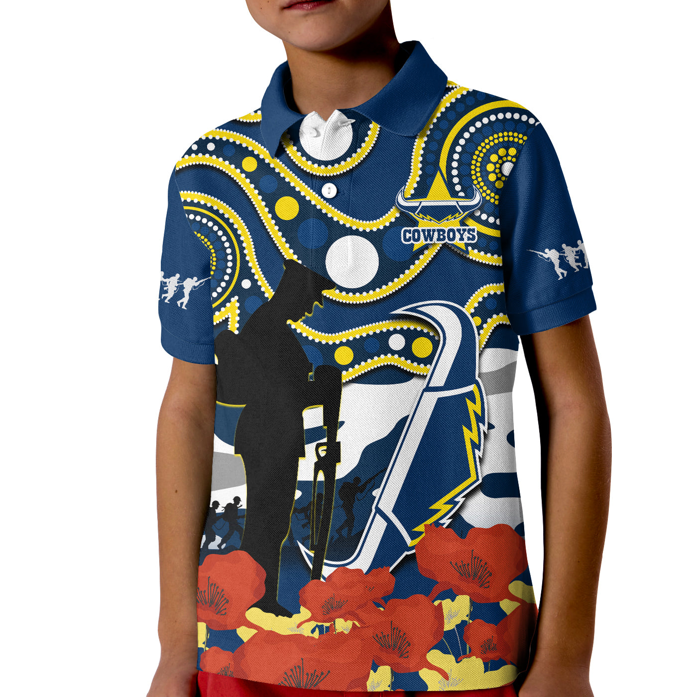 cowboys-rugby-anzac-2023-polo-shirt-kid-australian-army-aboriginal-lest-we-forget