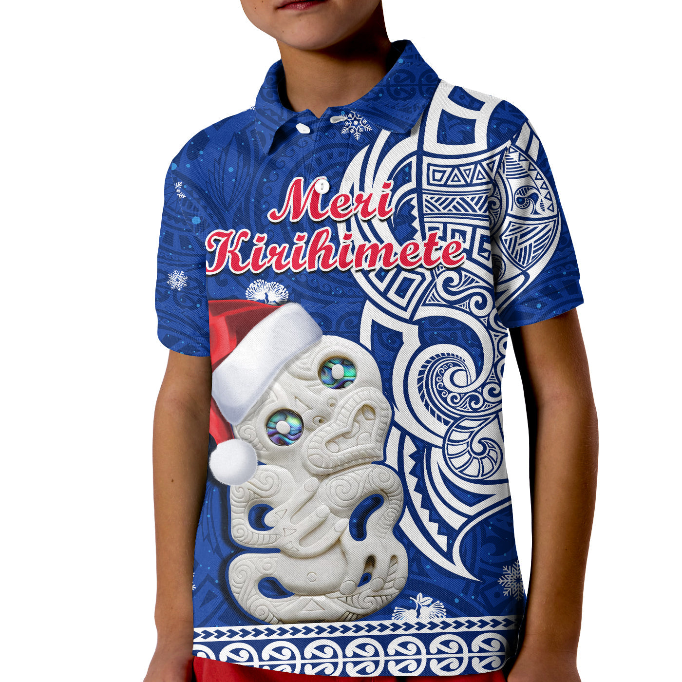 new-zealand-christmas-polo-shirt-hei-tiki-blue-pohutukawa-meri-kirihimete