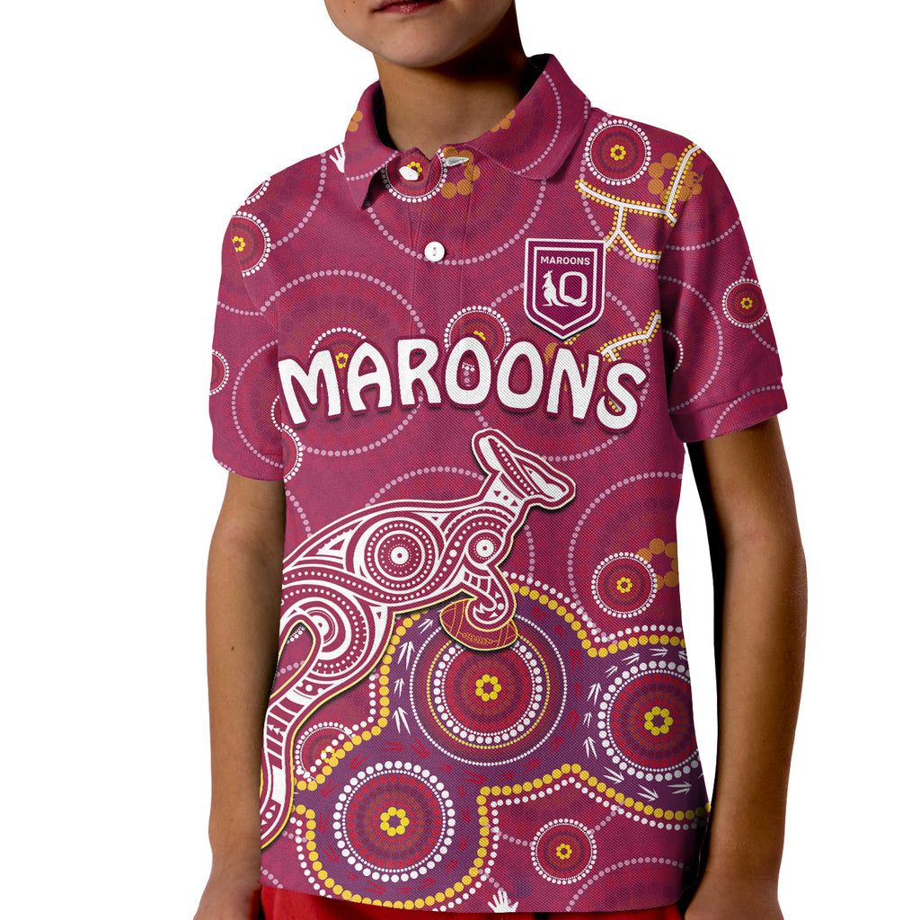 custom-text-and-number-maroons-rugby-polo-shirt-kid-kangaroo-indigenous-pattern-unique-version