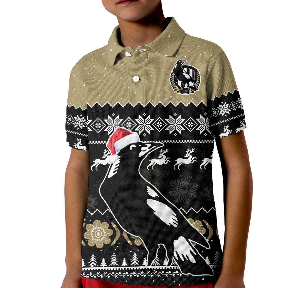 custom-personalised-collingwood-football-polo-shirt-kid-magpies-indigenous-merry-christmas