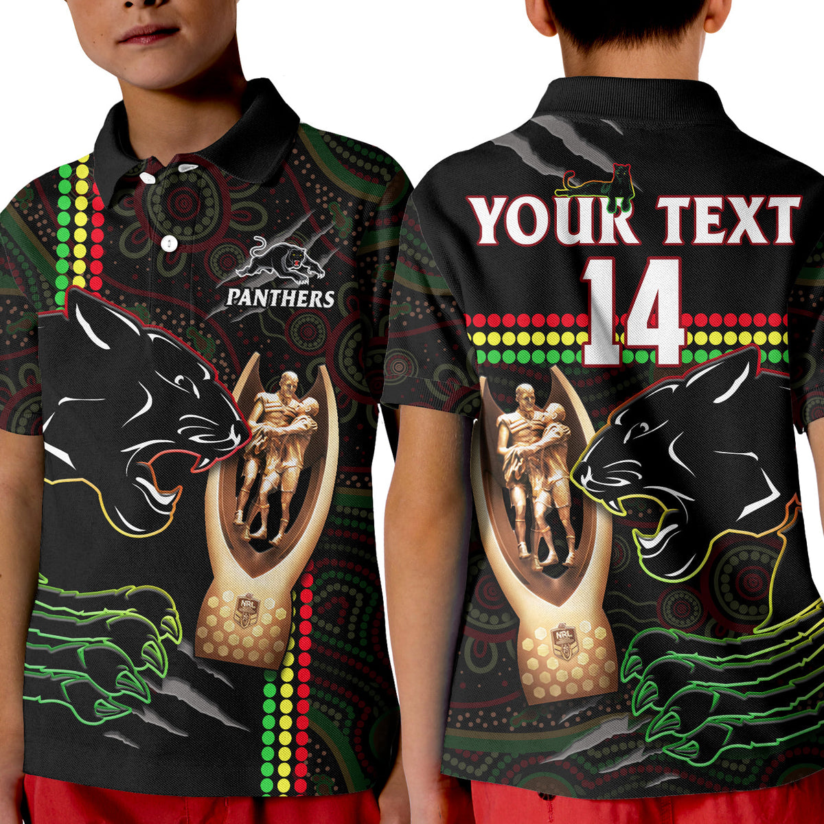 custom-text-and-number-panthers-rugby-polo-shirt-kid-the-riff-2022-premiers-aboriginal-art
