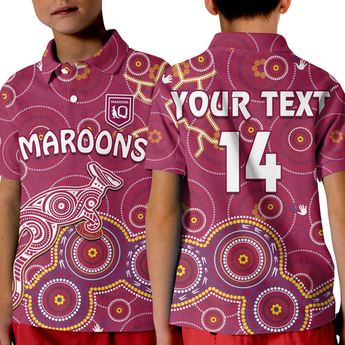 custom-text-and-number-maroons-rugby-polo-shirt-kid-kangaroo-indigenous-pattern-unique-version