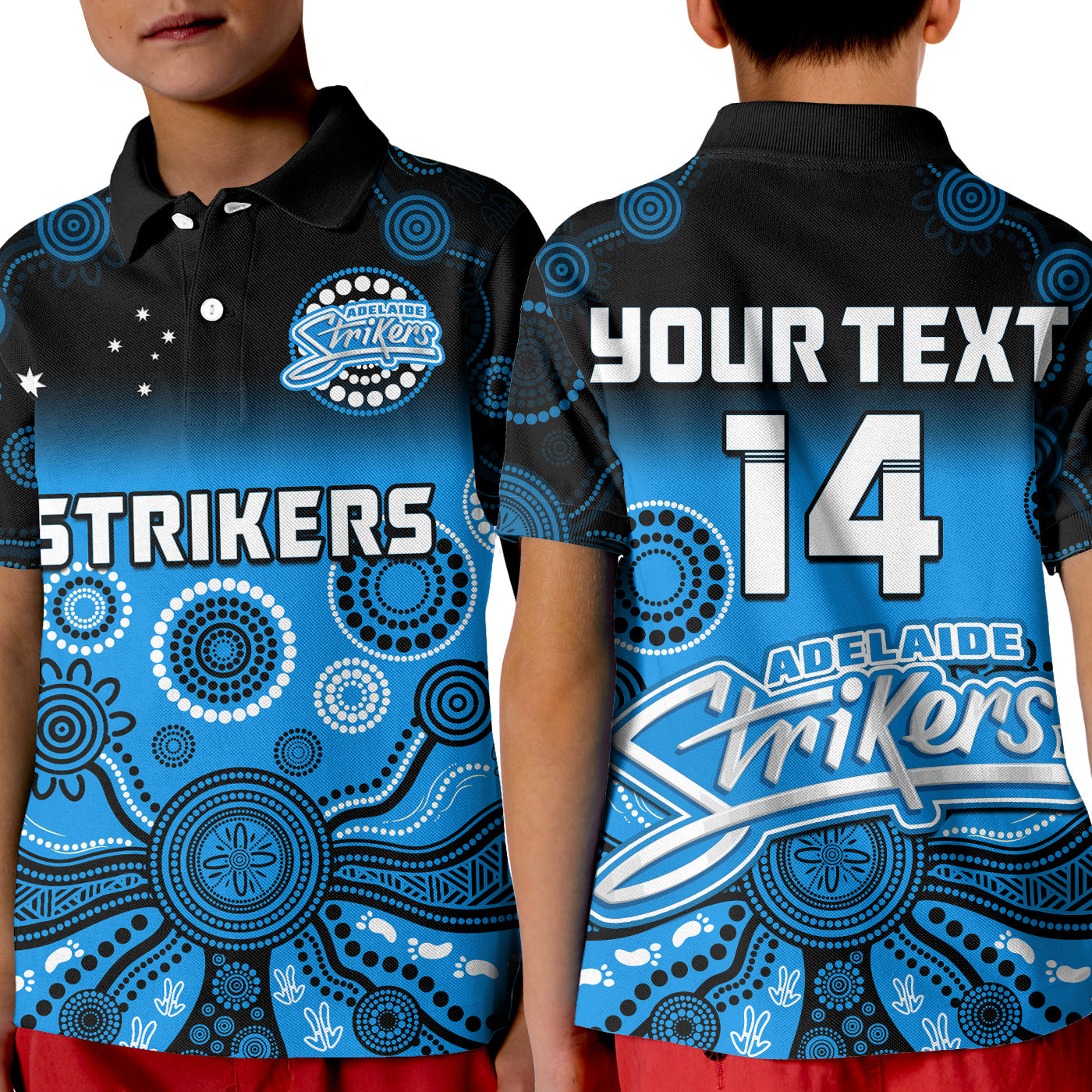 custom-text-and-number-adelaide-strikers-polo-shirt-kid-gradient-aboriginal-dot-painting