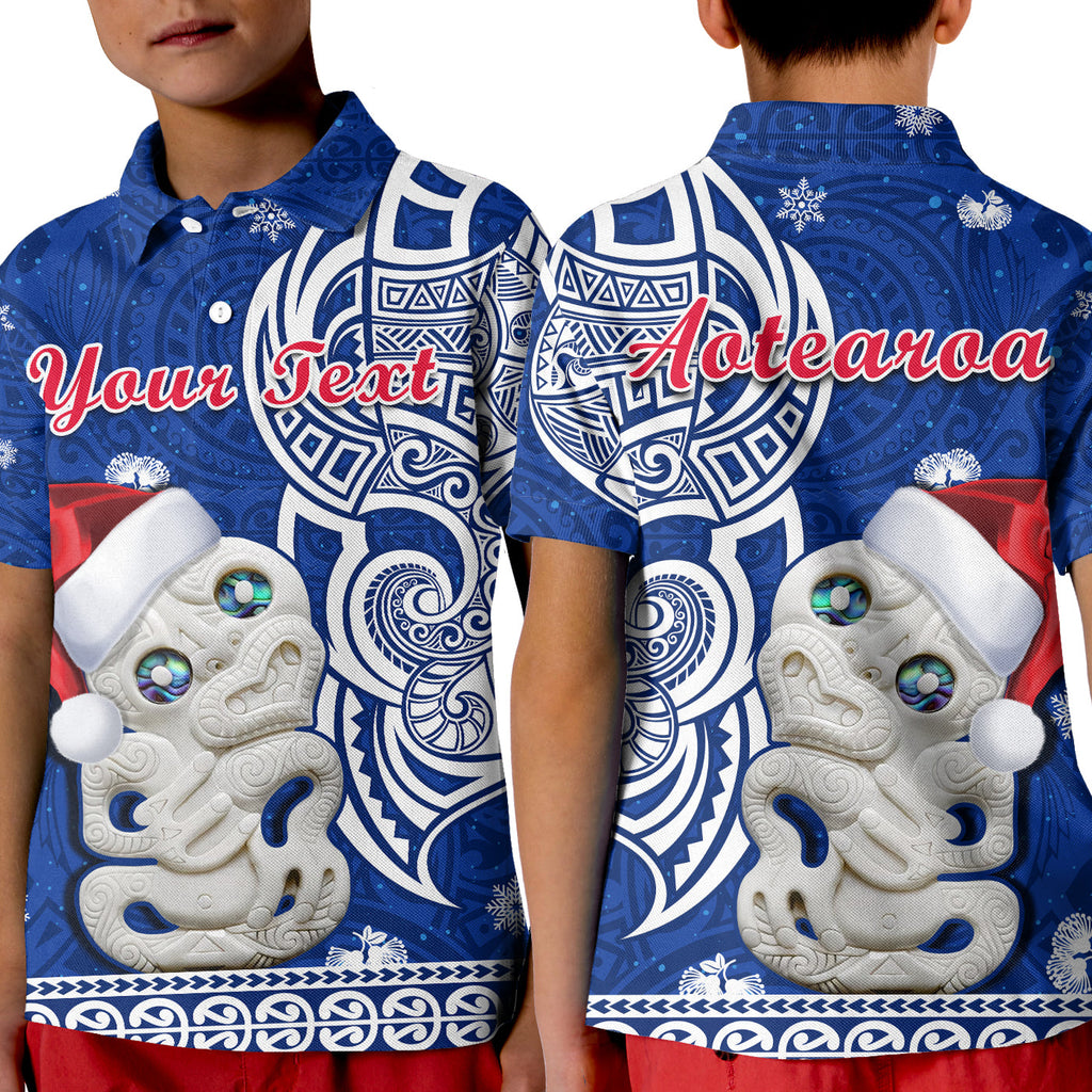 custom-personalised-new-zealand-christmas-polo-shirt-kid-hei-tiki-blue-pohutukawa-meri-kirihimete