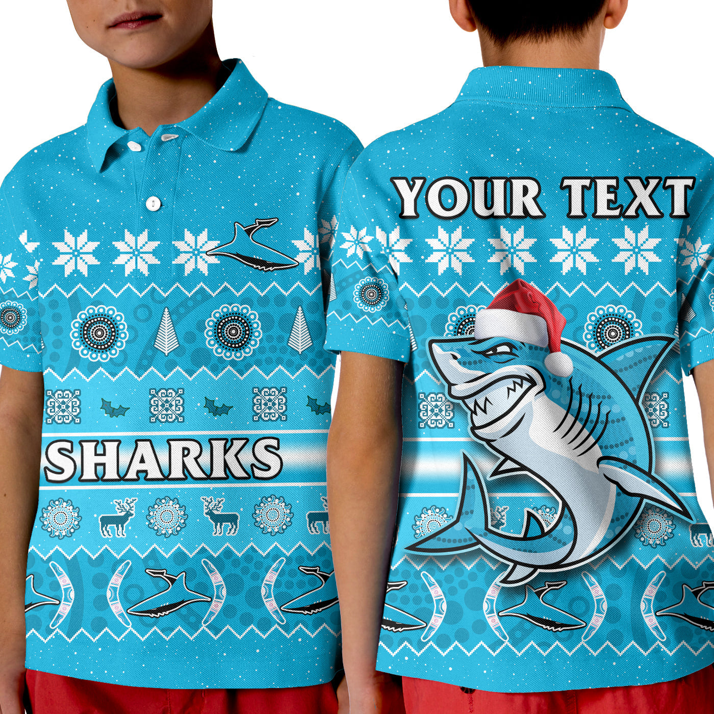 custom-personalised-sharks-christmas-polo-shirt-cronulla-sutherland-aboriginal-art-merry-xmas