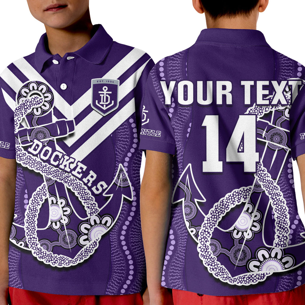 custom-text-and-number-dockers-football-polo-shirt-kid-fremantle-anchor-mix-aboriginal-pattern-dynamic-style